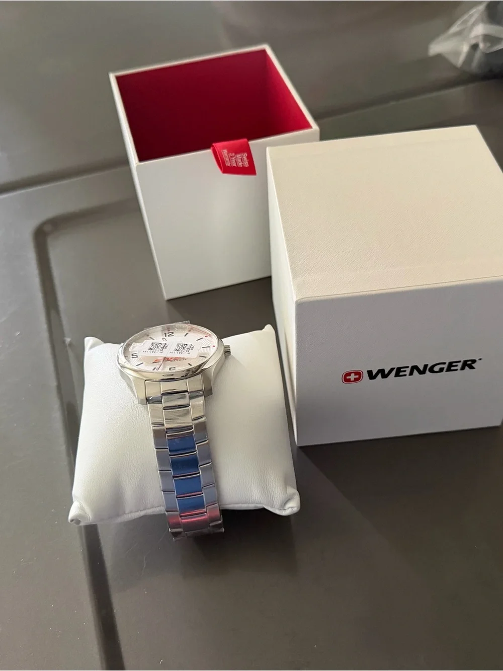 Wenger Men's Silver Watch with White Dial and Red Accents